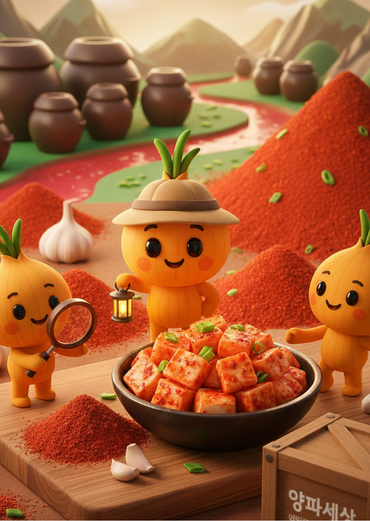 3D 메타버스 팜 투어 - 친구들과 함께 있는 양파 캐릭터